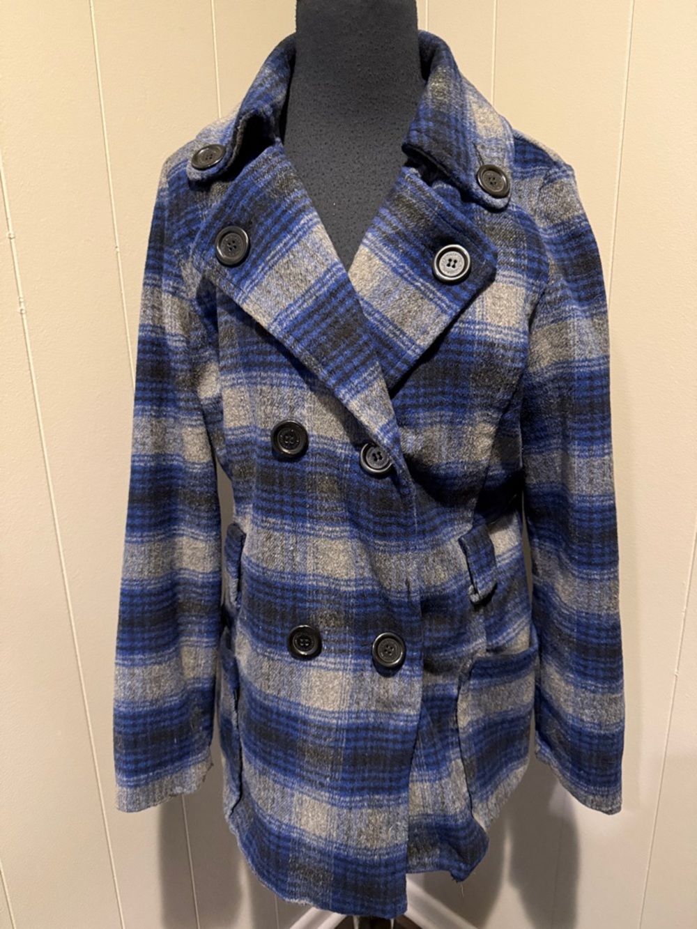 B39 Jou Jou Women’s Large Blue & Gray Plaid Double-Breasted Pea Coat